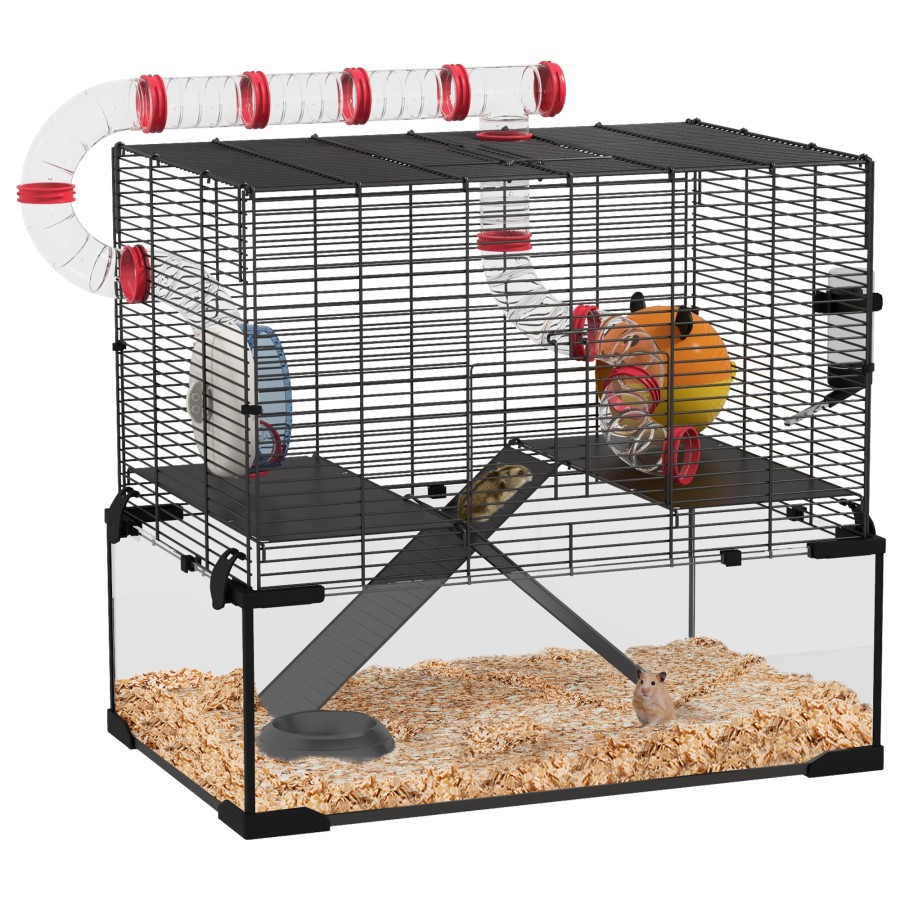 PawHut Hamster Cage w/ Tubes, Ramps, Platforms, Hut, 60 x 40 x 57cm