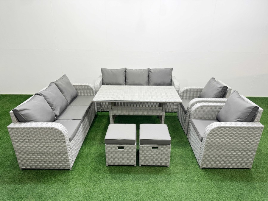 Click to view product details and reviews for Fimous Pe Rattan High Back Lounge Sofa Set Patio Rectangular Dining Table Chairs Set With 3 Seater Sofa Reclining Chair Stools Light Grey.