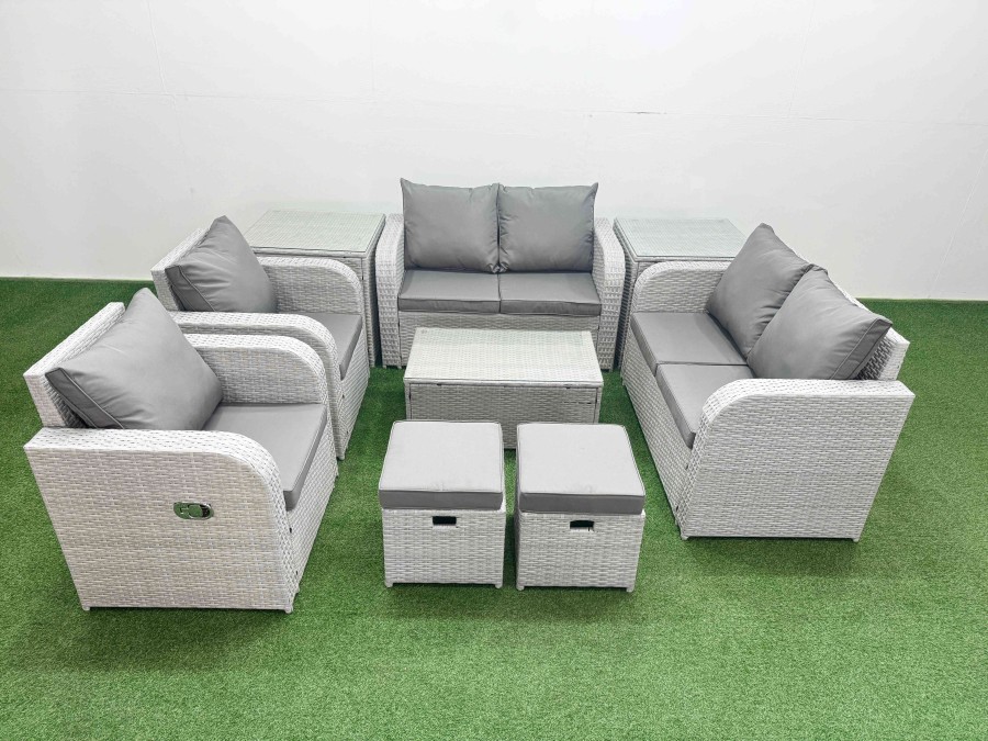 Click to view product details and reviews for Fimous 8 Seater Outdoor Reclining Chair Love Sofa Set Rattan Garden Furniture Set With Rectangular Coffee Table 2 Stools 2 Side Table Light Grey.