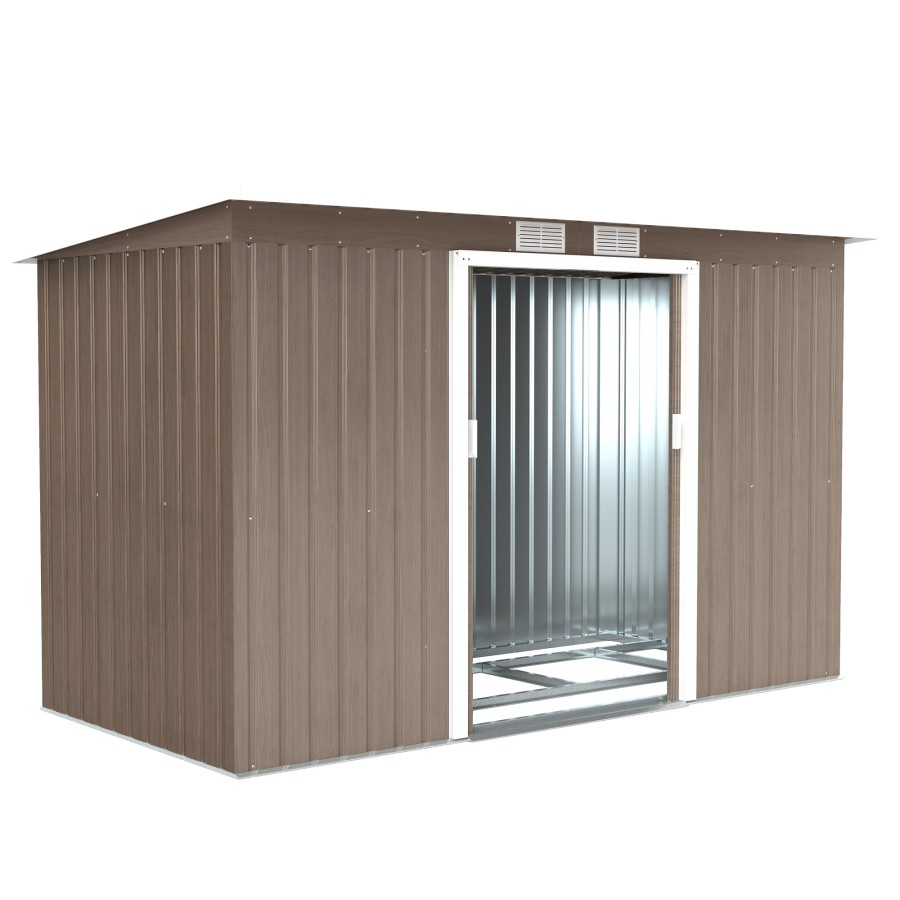 Click to view product details and reviews for Outsunny 9ft X 4ft Metal Garden Shed Outdoor Tool House With Foundation Kit Ventilations And Double Doors Light Grey Wood Grain.