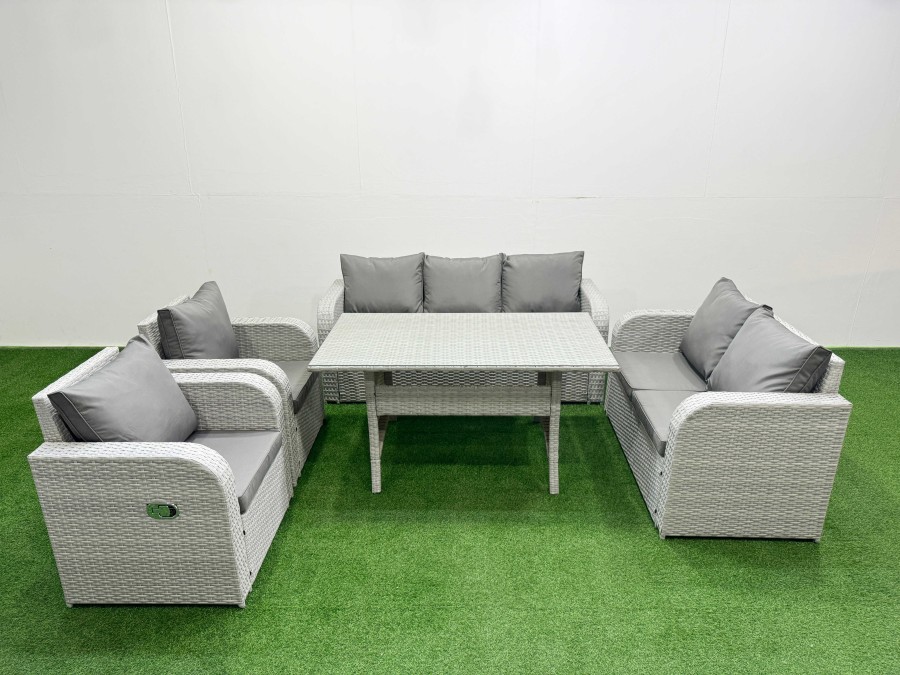 Click to view product details and reviews for Fimous Pe Rattan Garden Furniture Set Reclining Chair Sofa Double Love Seat 2 Seater Sofa Lounge Set Rectangular Dining Table Light Grey.