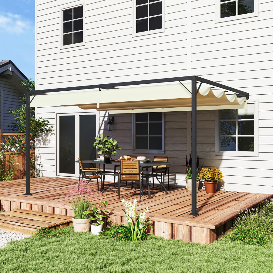 Click to view product details and reviews for Outsunny 4 X 3m Outdoor Pergola Retractable Canopy Wall Mounted Gazebo Patio Shelter Sun Shade Cream White.