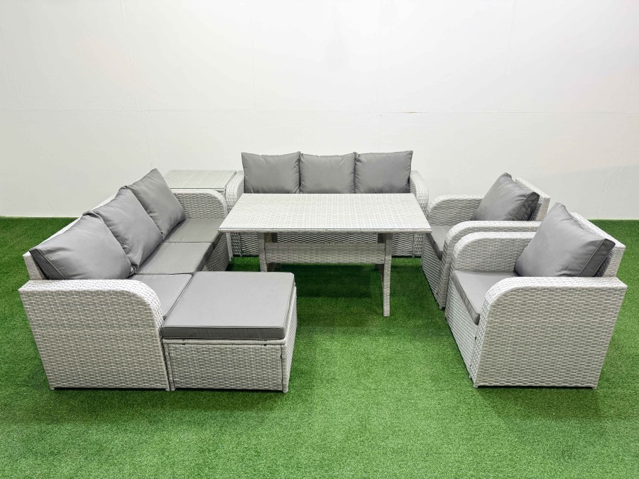 Click to view product details and reviews for Fimous Pe Rattan High Back Lounge Sofa Set Patio Rectangular Dining Table Chairs Set With 3 Seater Sofa Reclining Chair Big Footstool Side Table Lig.