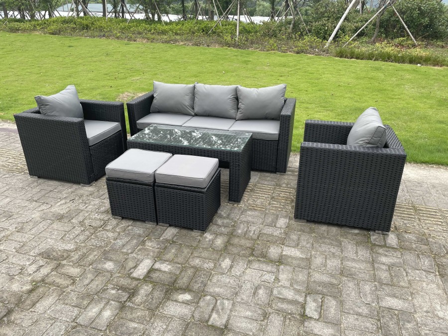 Fimous Wicker Rattan Garden Furniture Sofa Sets Outdoor Patio Coffee Table With Stools Black