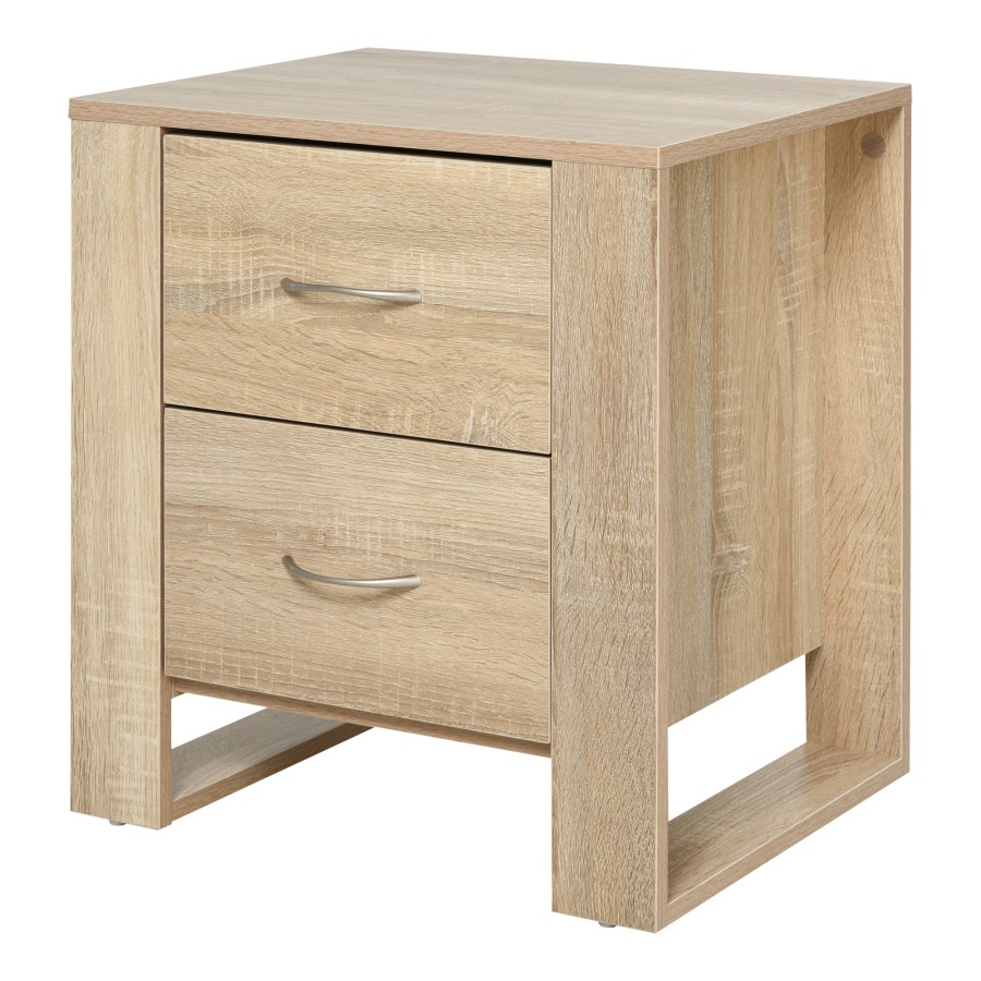 HOMCOM 2 Drawer Boxy Bedside Table w/ Handles Elevated Base Oak Brown
