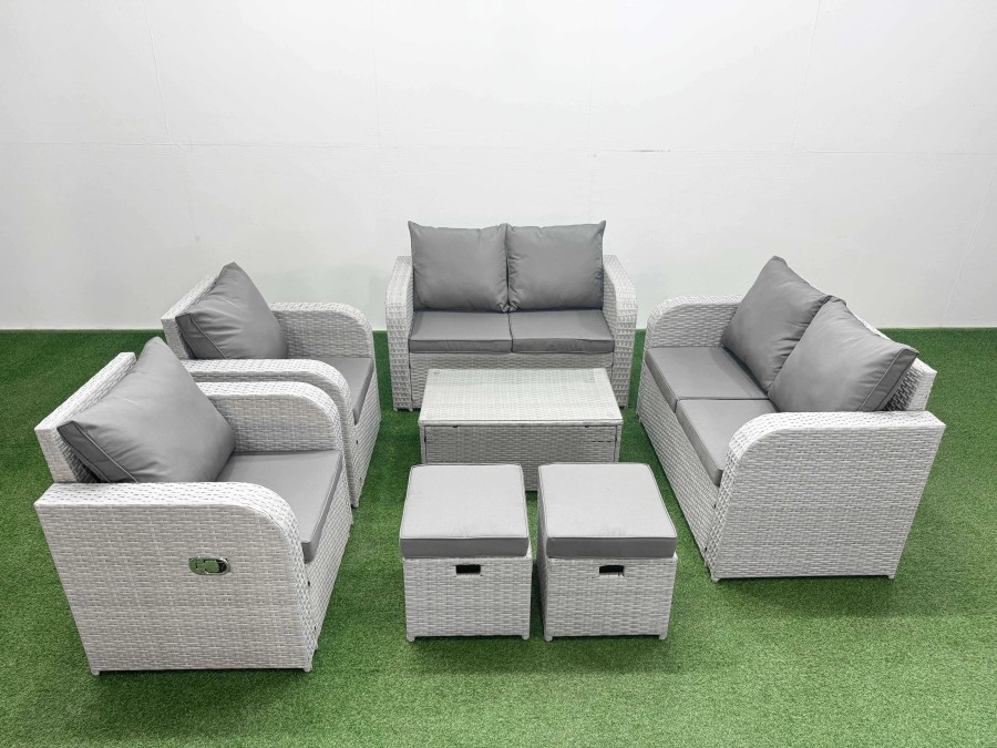 Click to view product details and reviews for Fimous 8 Seater Outdoor Reclining Chair Love Sofa Set Rattan Garden Furniture Set With Rectangular Coffee Table 2 Stools Light Grey.