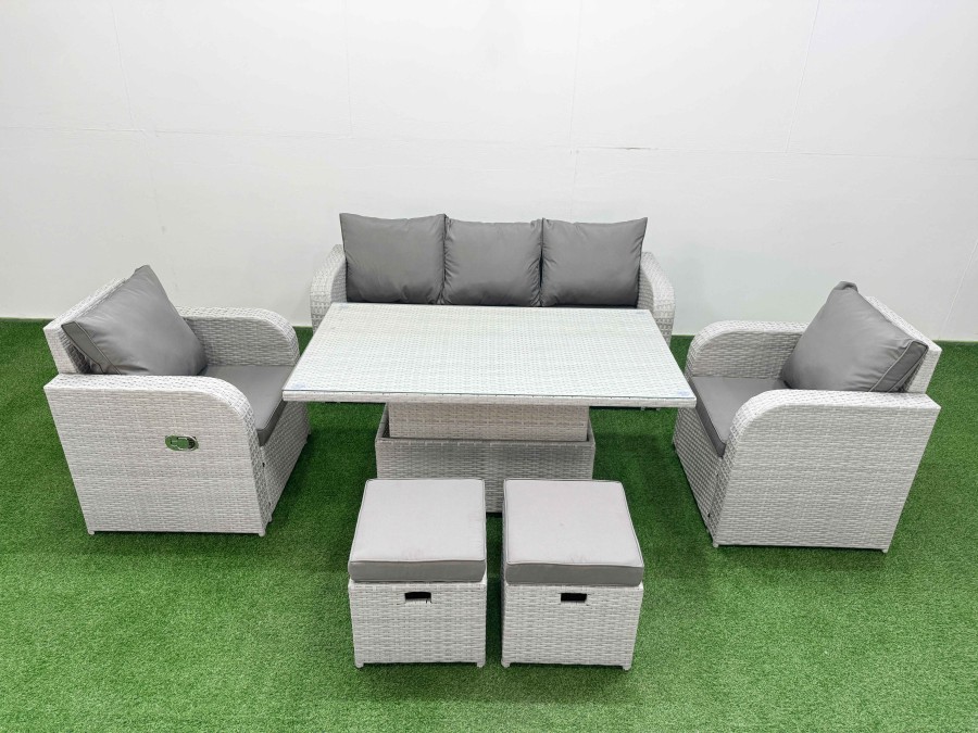 Click to view product details and reviews for Fimous Pe Rattan Garden Furniture Set Reclining Chair Sofa Lounge Sofa Set Adjustable Lifting Dining Or Coffee Table 2 Small Stools Light Grey.