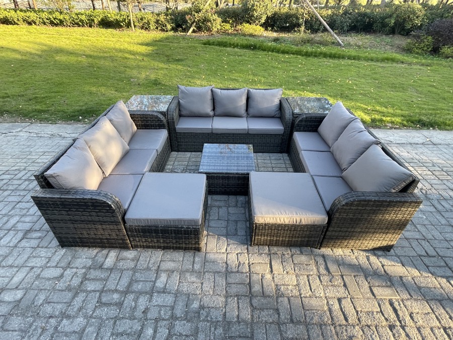 Click to view product details and reviews for Fimous Rattan Outdoor Furniture Set Patio Garden Sofa Set With Square Coffee Table 2 Big Footstool 2 Side Tables Dark Grey Mixed.