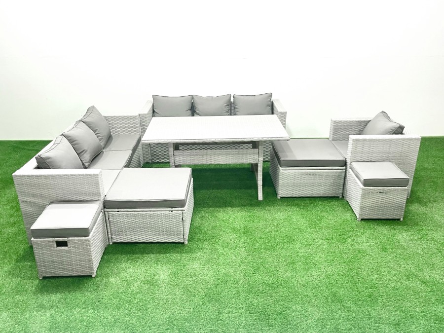 Click to view product details and reviews for Fimous Rattan Garden Furniture Dining Set 11 Seater Lounge Sofa Chair Dining Table Set With 4 Footstools Light Grey Mixed.