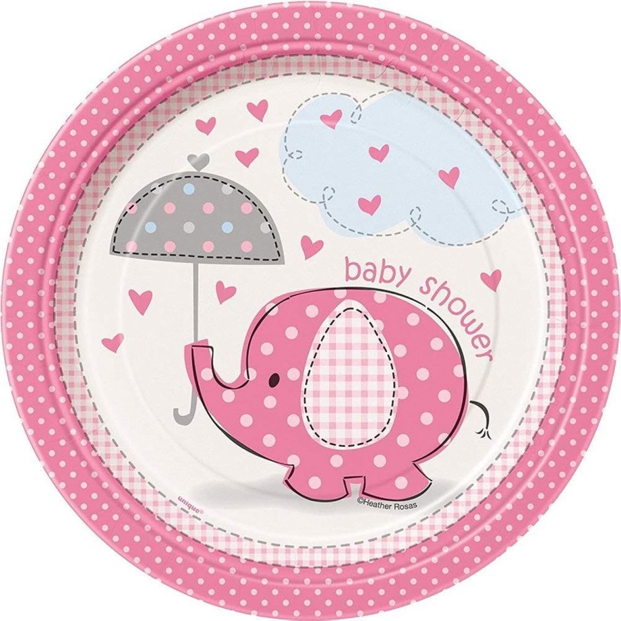8 Pack 7 Inch Umbrellaphants Pink Baby Shower Plates