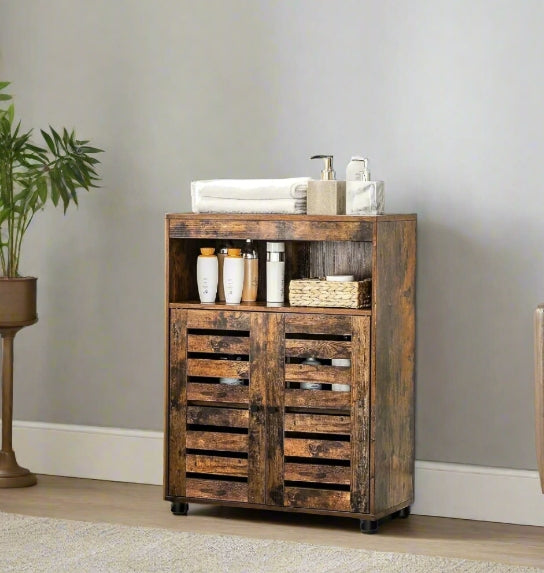 Click to view product details and reviews for 4 Tier Rustic Bathroom Cabinet With Louver Doors â Adjustable Shelf 60 X 30 X 80 Cm.