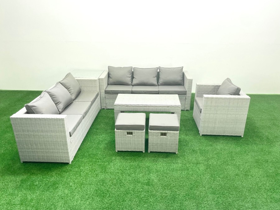 Click to view product details and reviews for Fimous Wicker Pe Rattan Sofa Garden Furniture Set With Oblong Coffee Table Armchair 2 Small Footstools Side Table Light Grey Mixed.