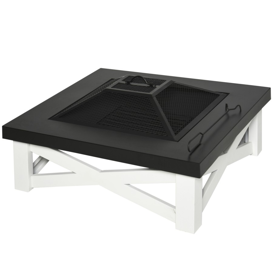 Outsunny 3 in 1 Square Fire Pit Square Table Metal Brazier for Garden, Patio with BBQ Grill Shelf, Spark Screen Cover, Grate, Poker, 86 x 86 x 38cm Log | AOSOM UK