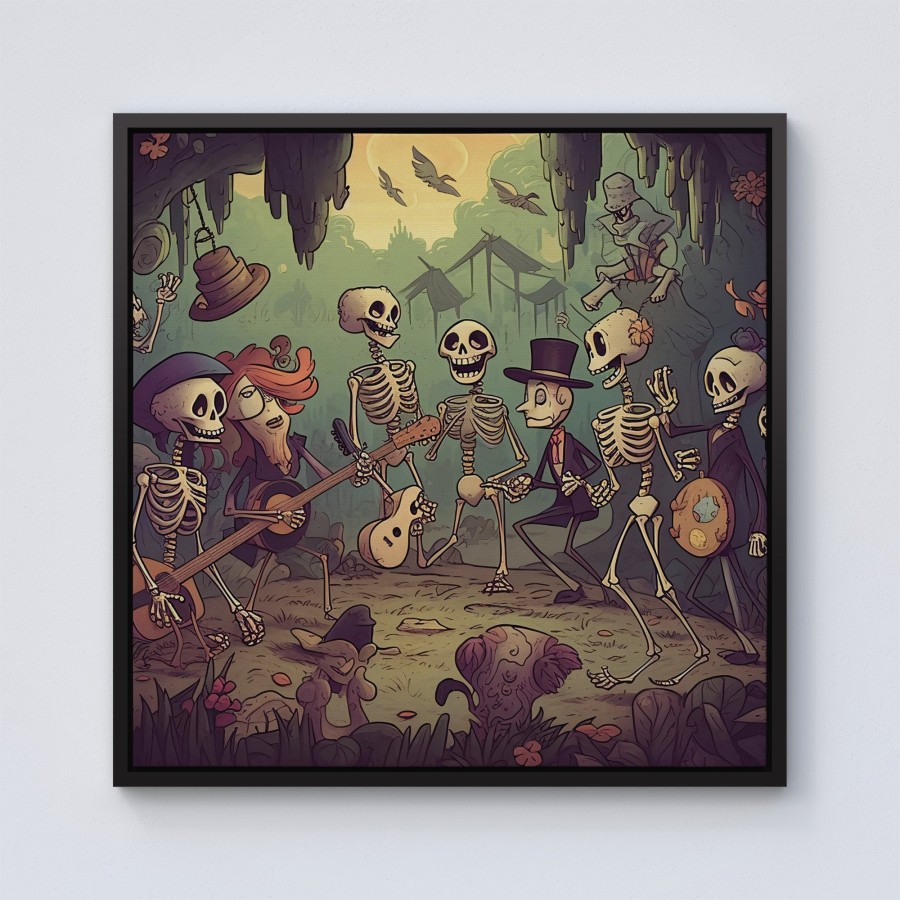 Click to view product details and reviews for Cartoonish Skeletons Having A Party Framed Canvas 10 X 10 Black.