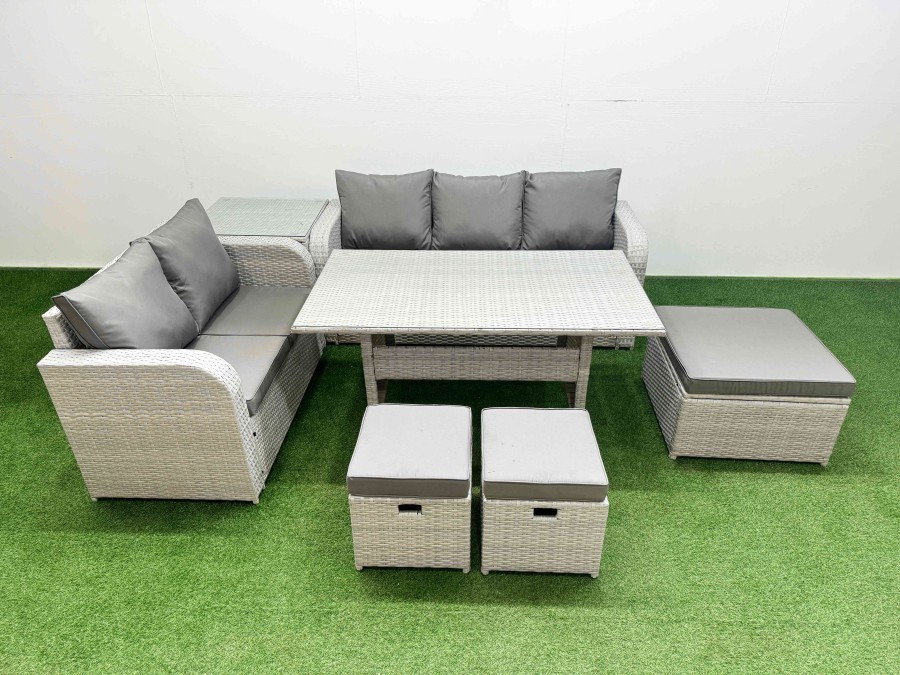 Click to view product details and reviews for Fimous 8 Seater Pe Rattan Wicker Garden Furniture Patio Conservatory Sofa Set With Rectangular Dining Table 3 Seater Sofa Love Sofa 3 Stool Side Table.