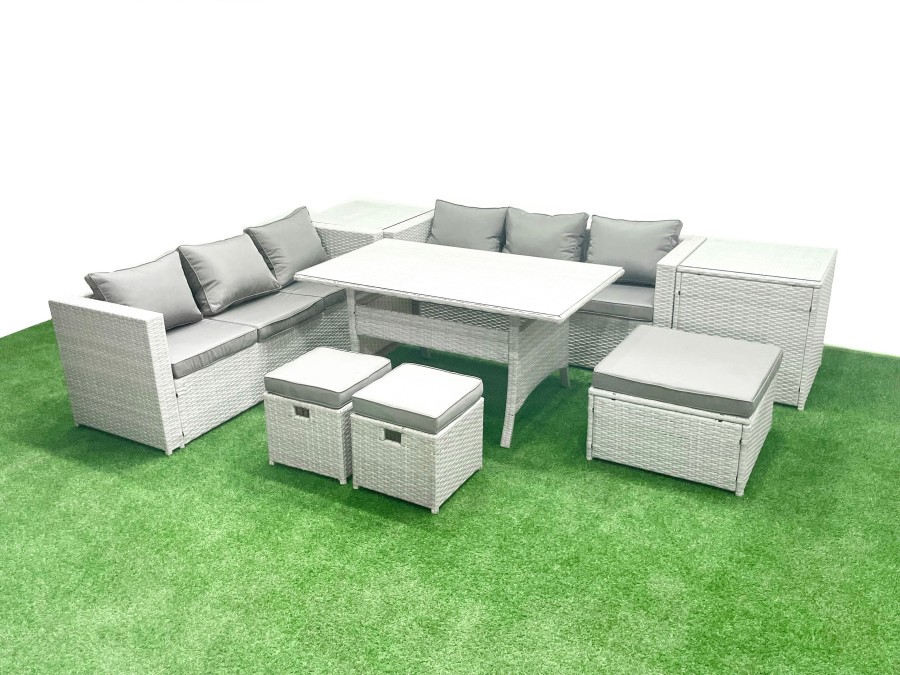 Click to view product details and reviews for Fimous Rattan Garden Furniture Set 9 Seater Outdoor Sofa Set With Dining Table 2 Side Tables 3 Footstools Light Grey Mixed.