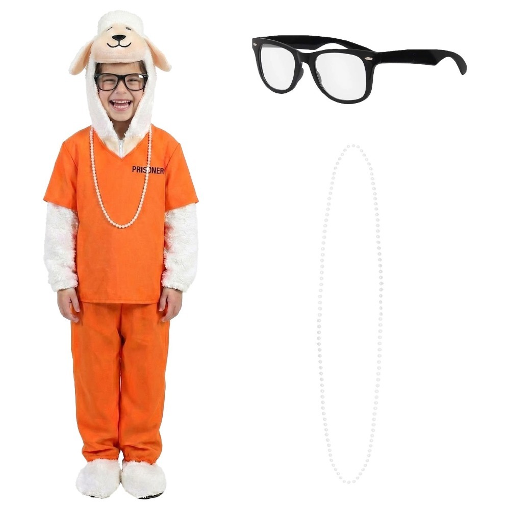Click to view product details and reviews for Kids Assistant Mayor Sheep Costume 4 Pcs Sheep Jumpsuit Prisoner Costume Glasses Necklace Large.