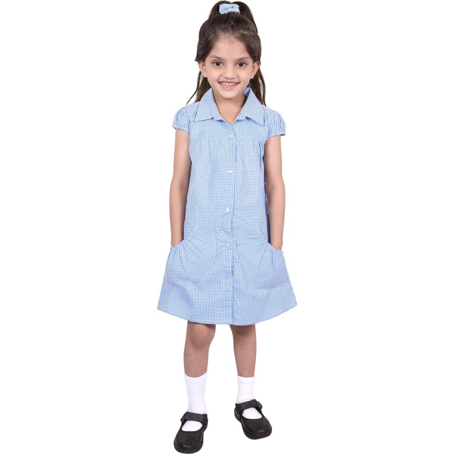 Click to view product details and reviews for Girls Uniform School Dress Gingham Check Printed Dress With Matching Scrunchies 8 9 Years Light Blue.