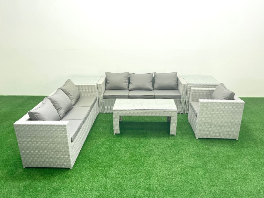 Click to view product details and reviews for Fimous Wicker Pe Rattan Sofa Garden Furniture Set With Oblong Coffee Table Armchair 2 Side Tables Light Grey Mixed.