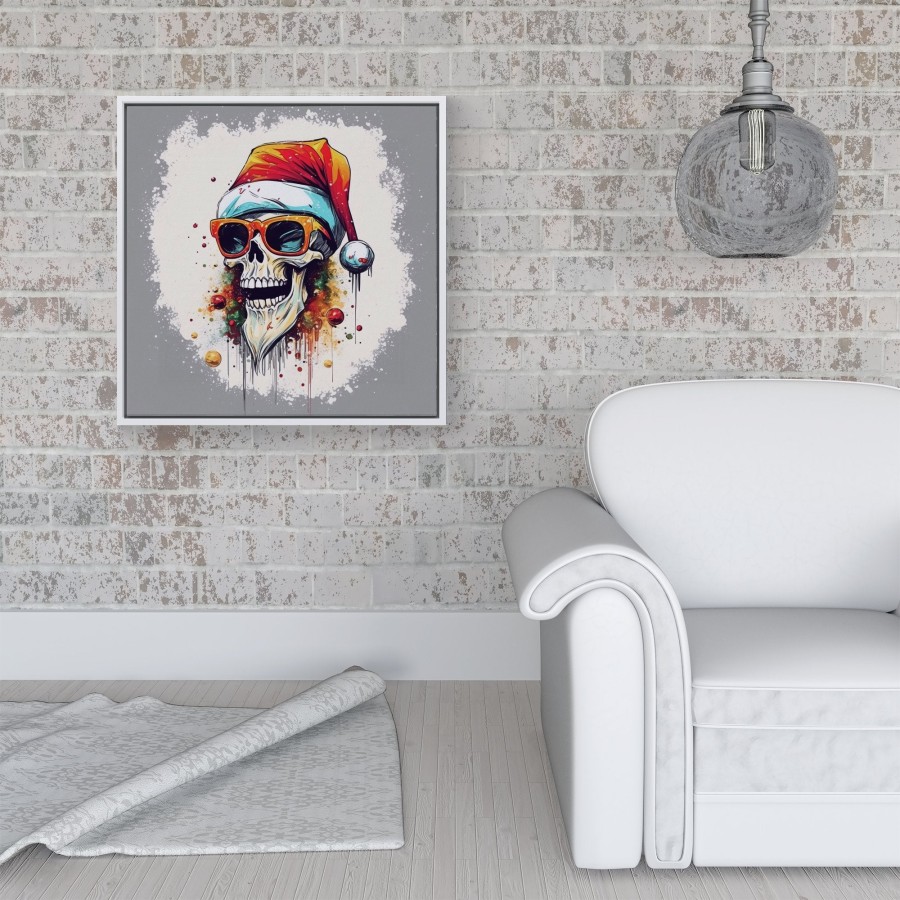 Click to view product details and reviews for Santa Skull In Glasses Splashart Framed Canvas 16 X 16 White.