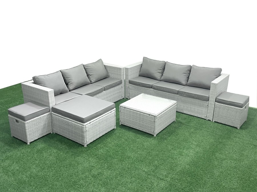 Click to view product details and reviews for Fimous Rattan Garden Outdoor Furniture Set 9 Seater Rattan Garden Sofa Set With 3 Footstools Light Grey Mixed. Click to view product details and reviews for Fimous Rattan Garden Outdoor Furniture Set 9 Seater Rattan Garden Sofa Set With 3 Footstools Light Grey Mixed.