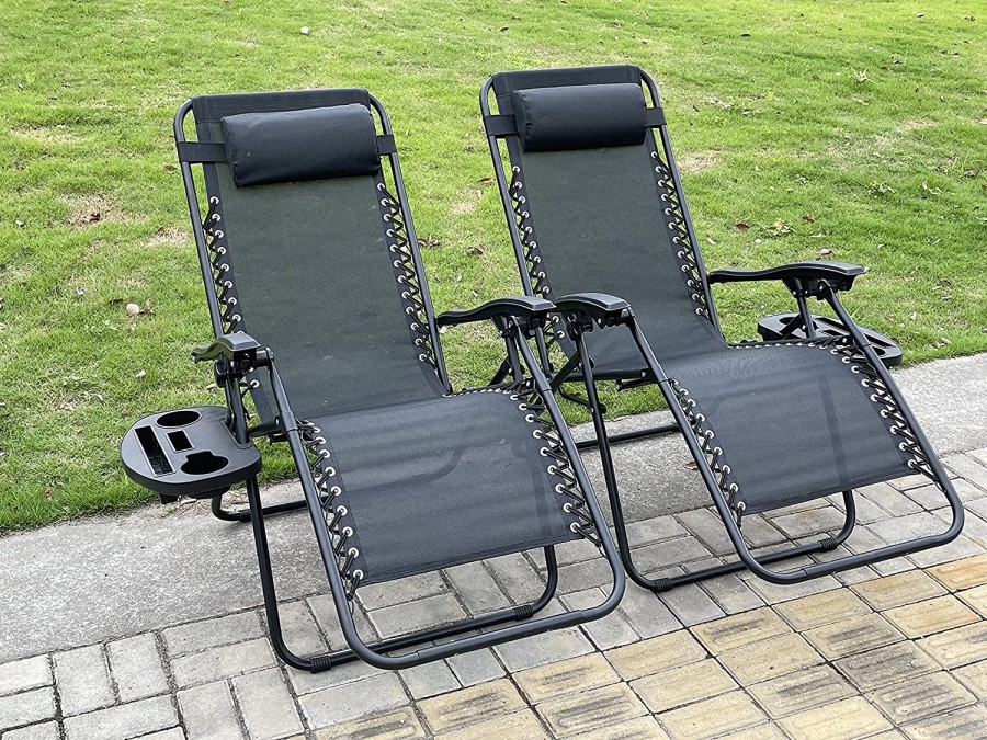 Click to view product details and reviews for 2 Pc Folding Chair Adjustable Sun Lounger With Cup Holder Black.