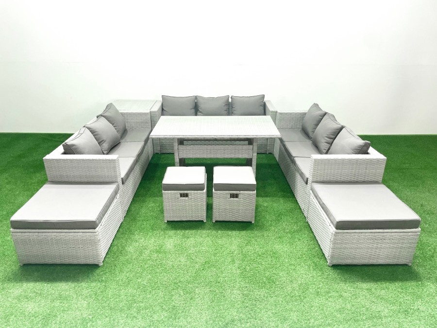 Click to view product details and reviews for Fimous Rattan Garden Furniture Dining Set 13 Seater Lounge Sofa Dining Table Set With 4 Footstools Side Table Light Grey Mixed.