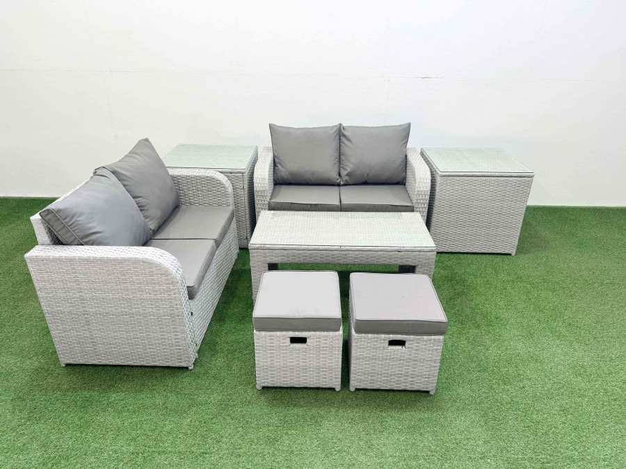 Click to view product details and reviews for Fimous 6 Seater Outdoor Love Sofa Set Rattan Garden Furniture Set With Oblong Coffee Table 2 Small Stools 2 Side Tables Light Grey.