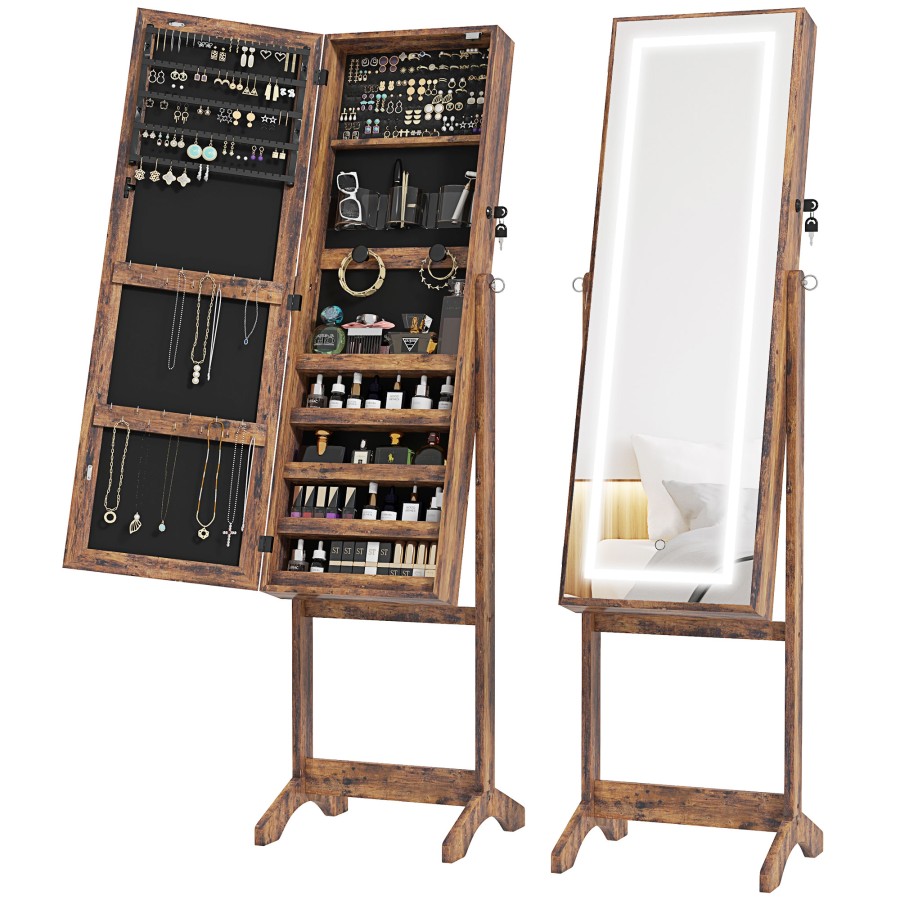 Click to view product details and reviews for Homcom Jewellery Cabinet With Led Light Lockable Jewellery Organiser With Full Length Mirror For Bedroom Dressing Room Rustic Brown.
