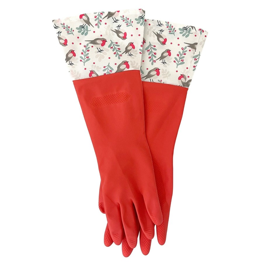 Christmas Rubber Cleaning Gloves Red Pattern Cuff Reusable Dishwashing