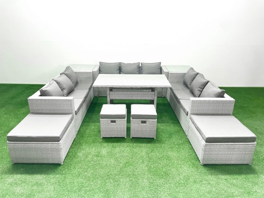 Click to view product details and reviews for Fimous Rattan Garden Furniture Dining Set 13 Seater Lounge Sofa Dining Table Set With 4 Footstools 2 Side Tables Light Grey Mixed.