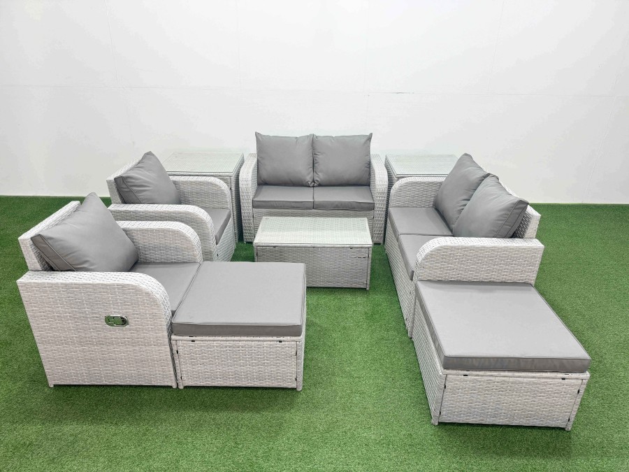 Click to view product details and reviews for Fimous 8 Seater Outdoor Reclining Chair Love Sofa Set Rattan Garden Furniture Set With Rectangular Coffee Table 2 Big Footstools 2 Side Table Light G.
