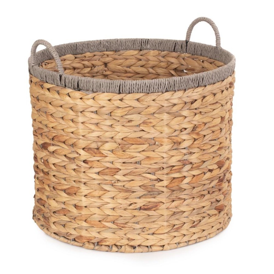 Red Hamper Round Water Hyacinth Basket With Grey Rope Border - Large