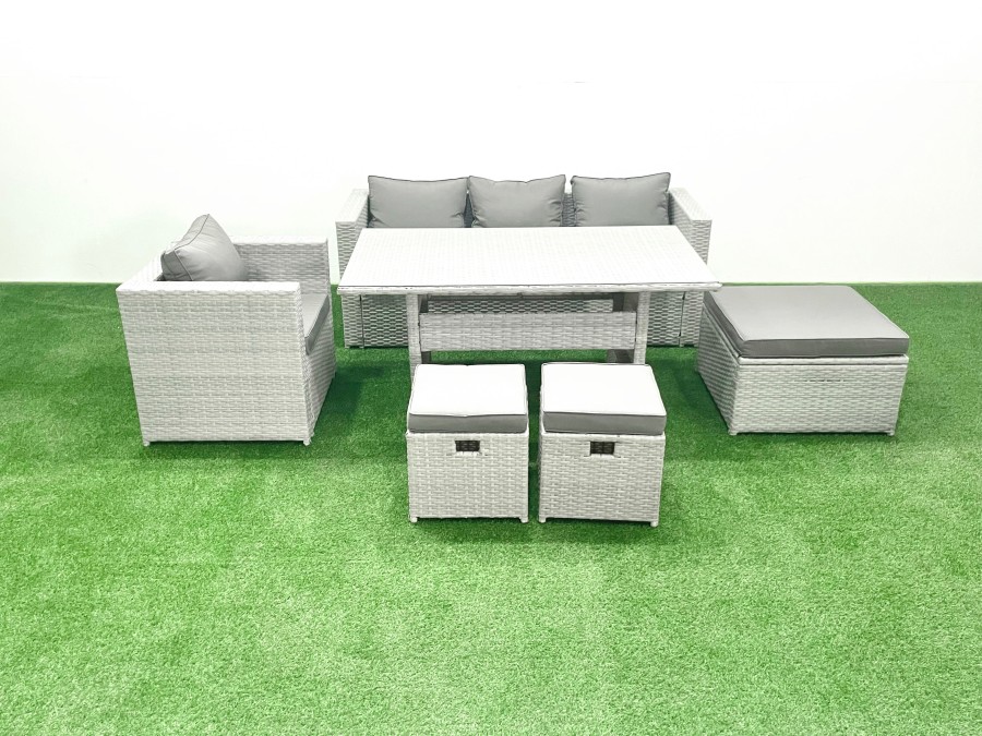 Click to view product details and reviews for Fimous Garden Dining Set Outdoor Rattan Furniture Set With Sofa Dining Table 3 Footstools Light Grey Mixed.
