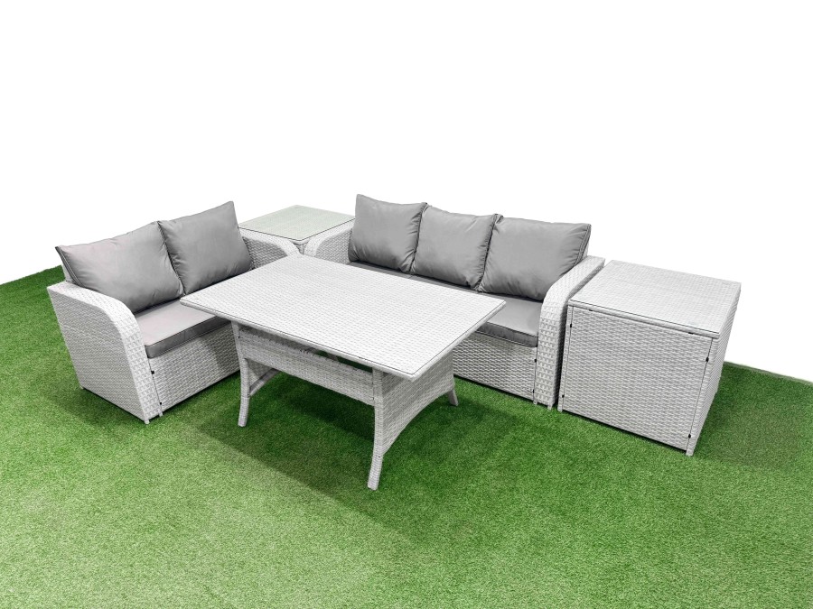 Click to view product details and reviews for Fimous 5 Seater Pe Rattan Wicker Garden Furniture Patio Conservatory Sofa Set With Rectangular Dining Table 3 Seater Sofa Love Sofa 2 Side Table.