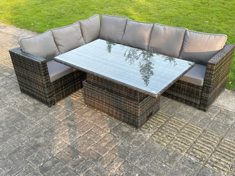 Click to view product details and reviews for Fimous 6 Seater Pe Rattan Corner Sofa Set Rising Adjustable Dining Table Set With Seat And Back Cushion.