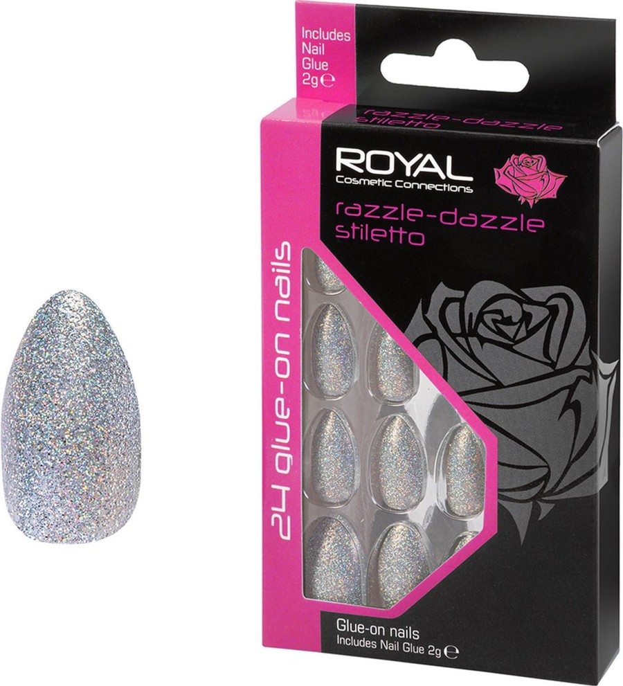 Silver Glitter False Nails Razzle Dazzle Stiletto Pack Of 24