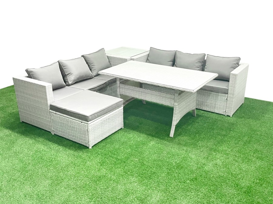 Click to view product details and reviews for Fimous Rattan Garden Furniture Set 7 Seater Outdoor Sofa Set With Dining Table Side Table Big Footstool Light Grey Mixed.