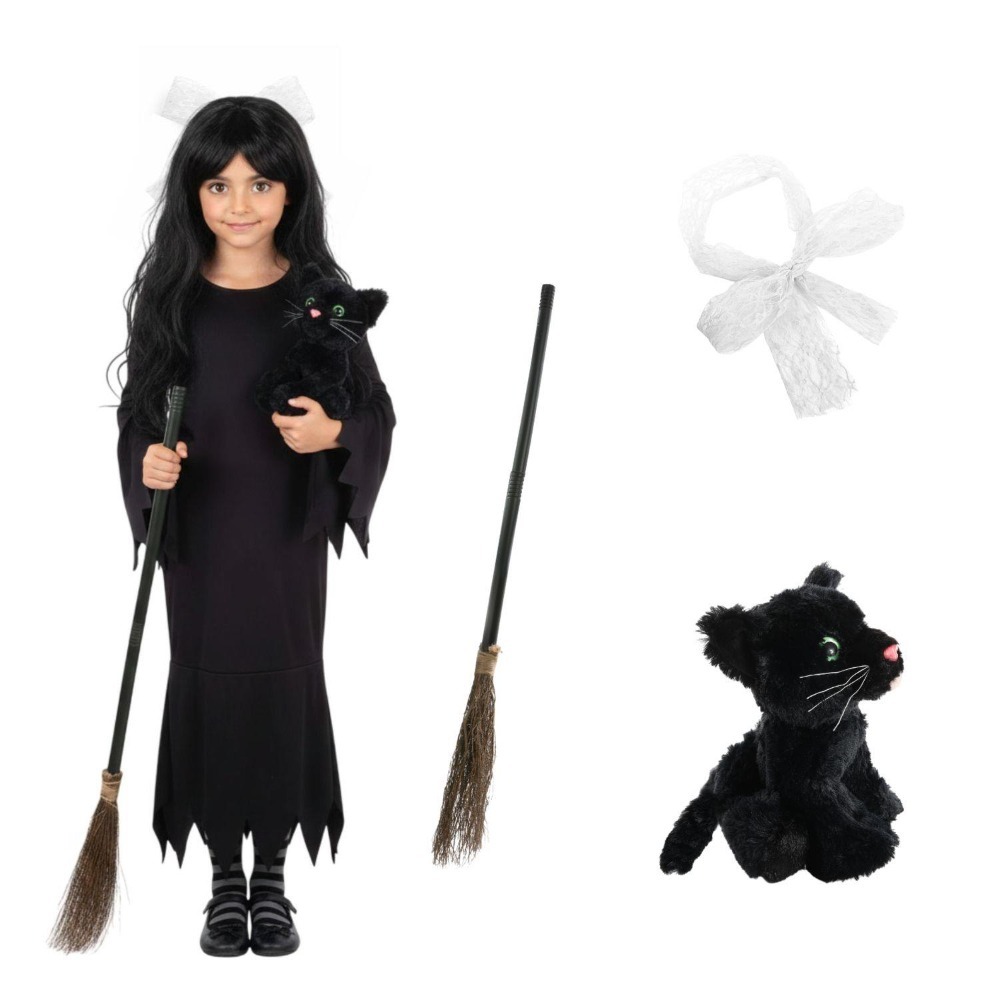 Click to view product details and reviews for Girls Hooky Witch Costume 4 Pcs Dress Broom Cat Toy Hair Bow Xlarge.