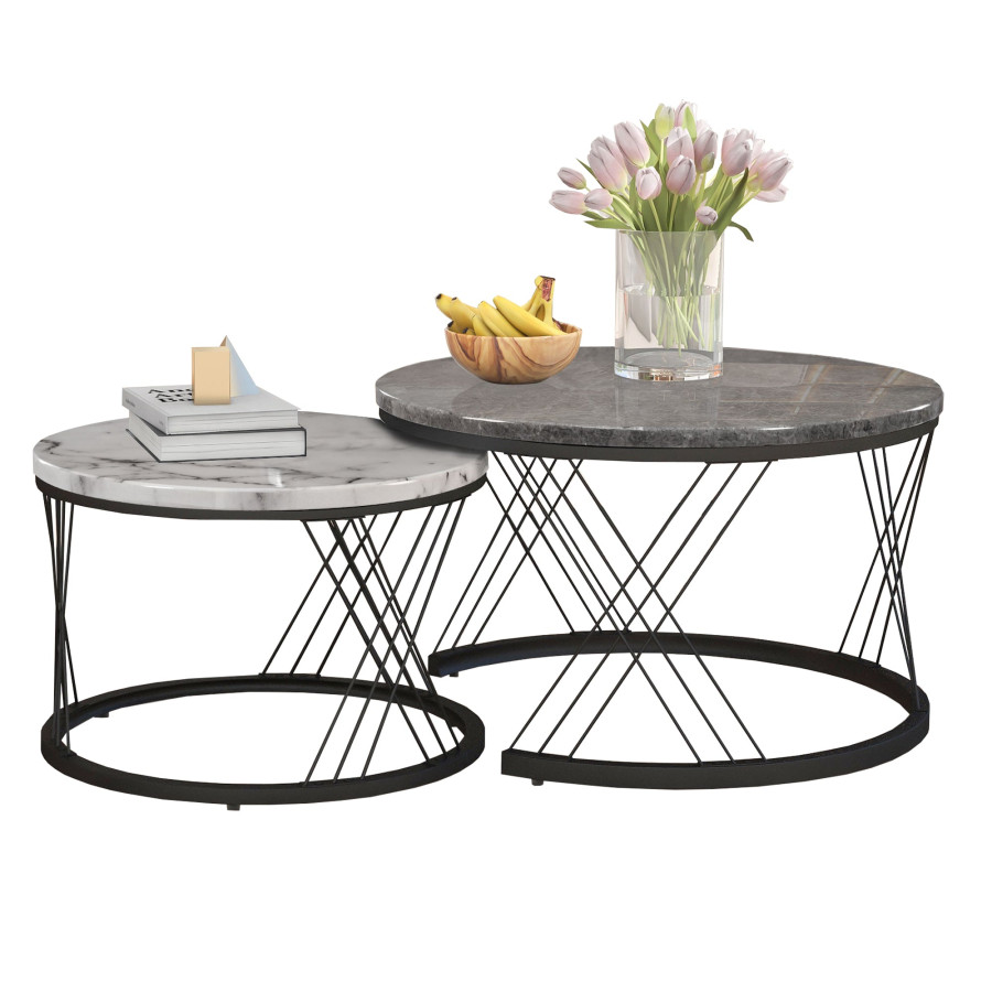 Round Coffee Table Modern Coffee Table Set Of 2 Marble Pattern Top With Metal Frame Small Side Table End Table For Living Room Bedroom Home Offic