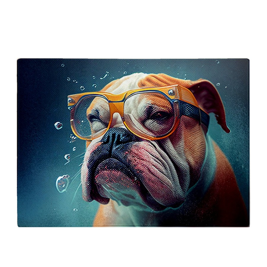 Click to view product details and reviews for Bulldog With Glasses Splashart Glass Chopping Board.