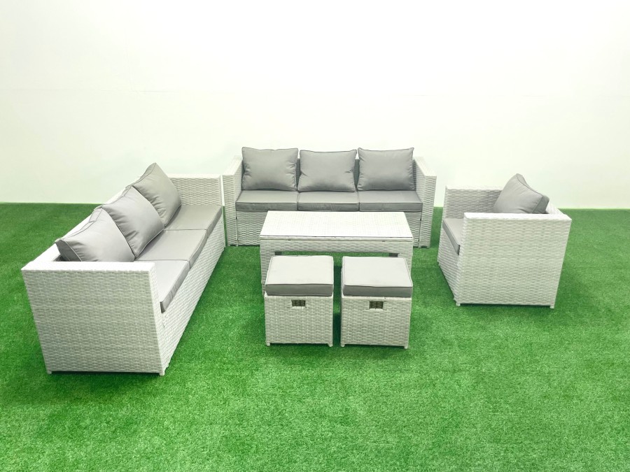 Click to view product details and reviews for Fimous Wicker Pe Rattan Sofa Garden Furniture Set With Oblong Coffee Table Armchair 2 Small Footstools Light Grey Mixed.