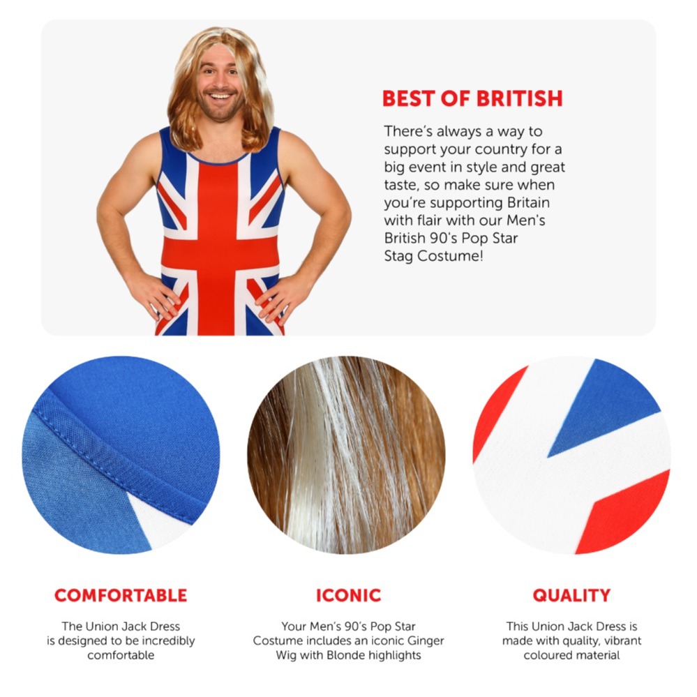 Men's Union Jack Dress Stag Do Costume | 2 Pcs | Dress & Wig