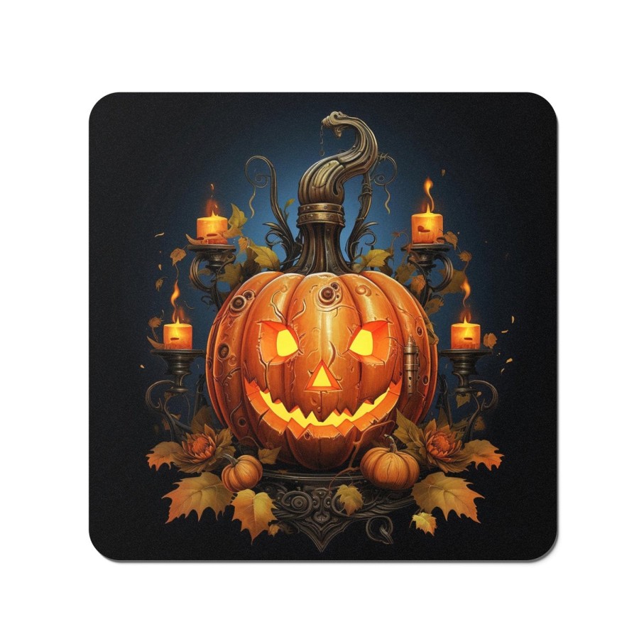 Click to view product details and reviews for Spooy Pumpkin With Leaves And Small Candles Coasters.