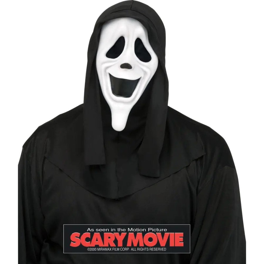 Click to view product details and reviews for Scary Movie Smiley Spoof Mask With Black Shroud Fancy Dress.
