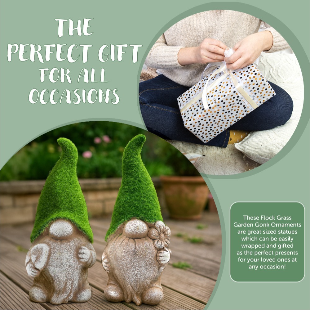 Pack of 2 Flower & Spade - 18cm Flock Grass Garden Gonk Gnome Ceramic Outdoor Ornament Statue Decoration