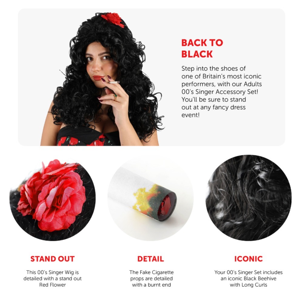 2000's Singer Accessory Set - Beehive Wig, Fake Cigarettes & Inflatable Champagne Bottle