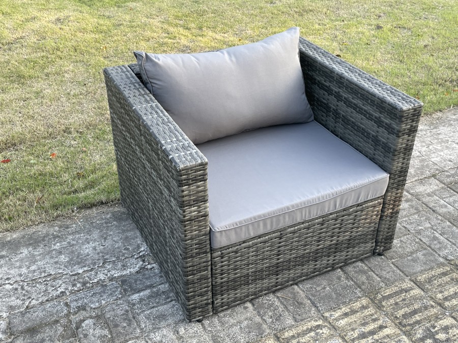 Fimous Outdoor Rattan Single Sofa Chair Garden Furniture With Seat and Back Cushion Dark Grey Mixed