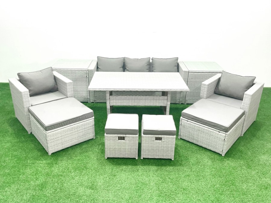 Click to view product details and reviews for Fimous Rattan Garden Furniture Set Outdoor 9 Seater Patio Dining Sets With Glass Top Dining Table And 2 Side Tables Light Grey Mixed.