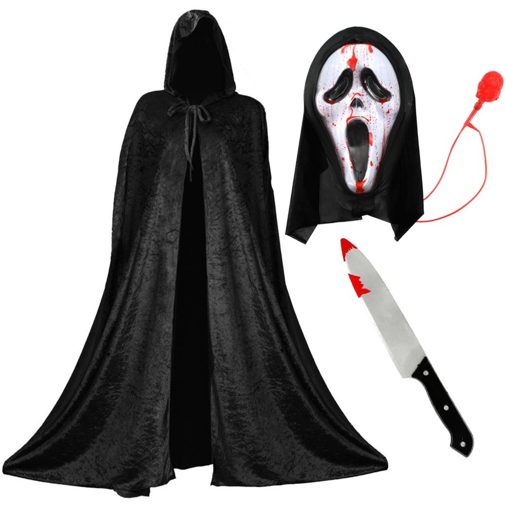 Click to view product details and reviews for Adults Screamer Costume Set Cape Blood Pump Mask Knife Prop.